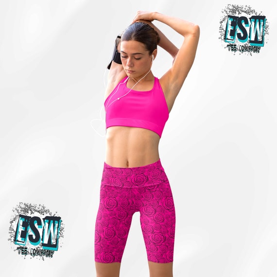 Magenta Roses Print Women's Yoga Shorts, Booty Shorts