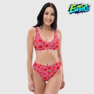 Traje de baño para mujer con estampado gráfico de cerezas de coral rosa Bikini reciclado de cintura alta
