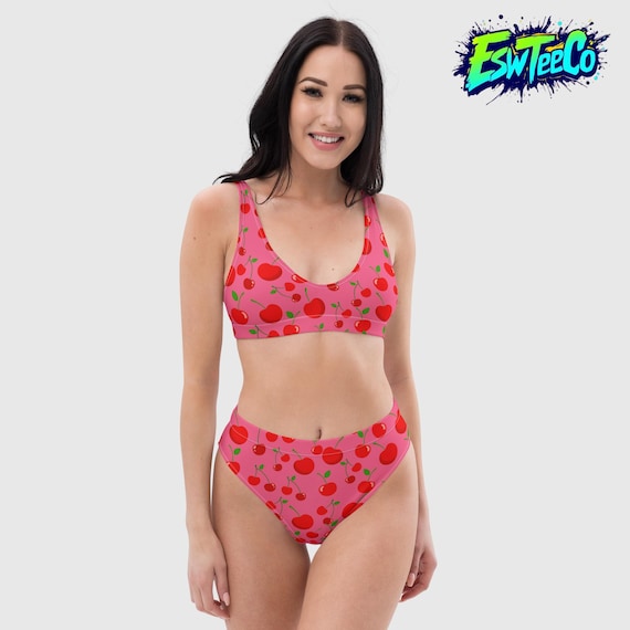 Pink Coral Cherries Graphic Print Women's Swimwear Recycled high-waisted bikini