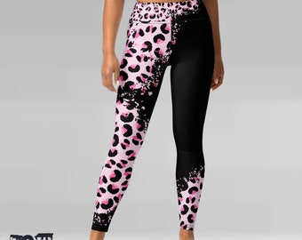 Pink Black Animal Print Women's Yoga Leggings, Women's Activewear