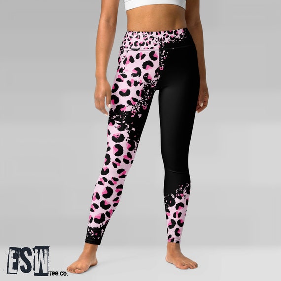 Pink Black Animal Print Women's Yoga Leggings, Women's Activewear