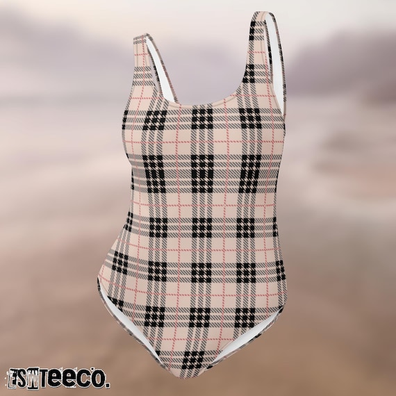 Pink Plaid Check Women's One-Piece Swimsuit, Women's Swimwear