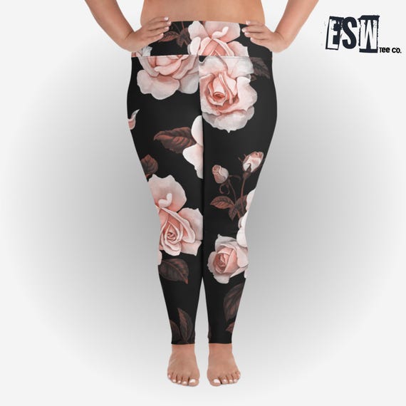 Black Floral Print Women's Yoga/Gym Plus Size Leggings, Women's Activewear