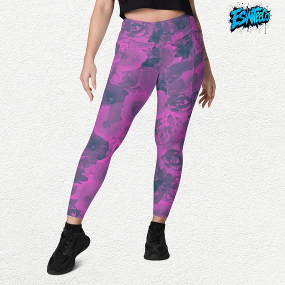 Magenta Roses Pocket Leggings, High-Waisted Activewear