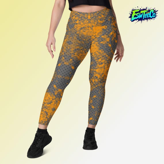 Amber Orange/Grey Pattern Women's Yoga Gym Leggings with pockets, Women's Activewear
