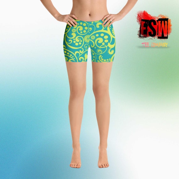 Aqua Green Paisley Women's Yoga Shorts