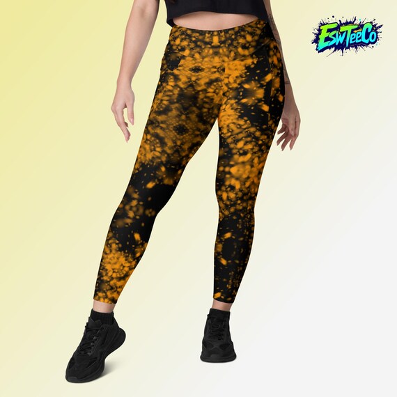 Amber Orange/Black Pattern Women's Yoga Gym Leggings with pockets, Women's Activewear