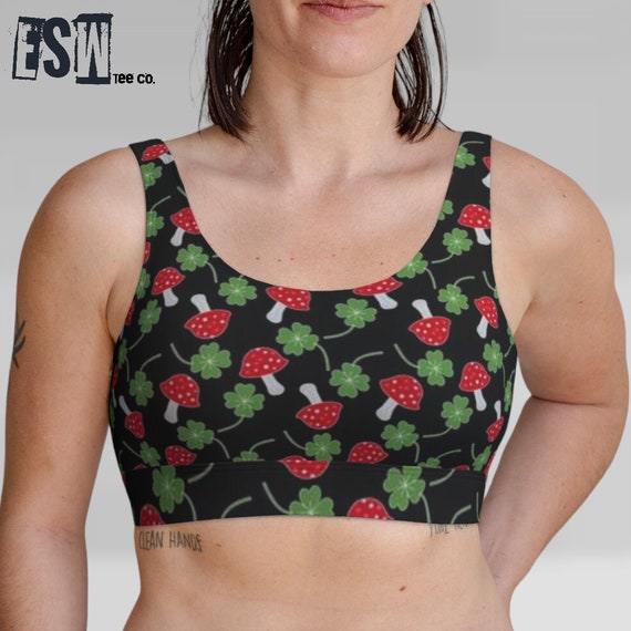 Mushroom Floral Print Women's Scoop Bralette,Women's Activewear