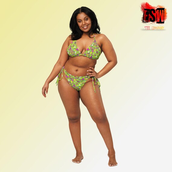 Green Daisy print recycled Women's string bikini, Women's Swimwear