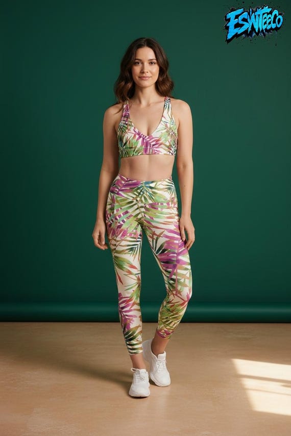 Tropical Leaves Lavender and Green Women's Yoga Leggings with pockets, Women's Activewear
