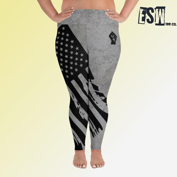 Black American Flag Grey 92% Club Women's Yoga/Gym Leggings, Women's Activewear, All-Over Print Plus Size Leggings