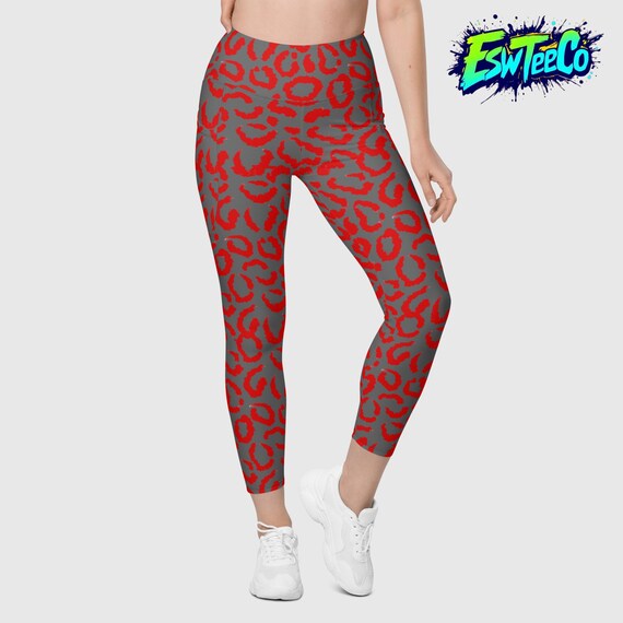 Red and Charcoal Animal Print Women's Leggings with pockets, Plus size leggings Women's Activewear