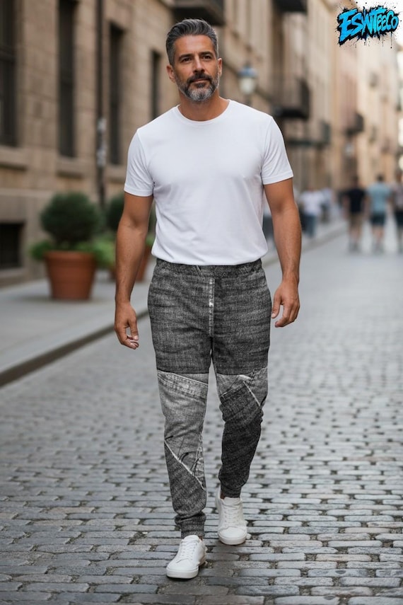 Black denim print Men's Joggers men's sweatpants