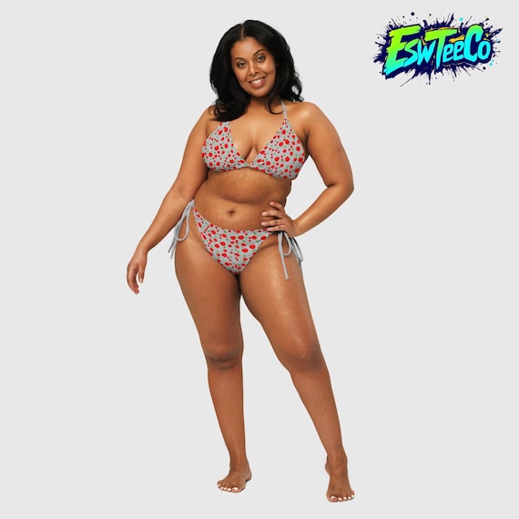 Cherries (Grey) Graphic Print Women's recycled string bikini Women's Swimwear