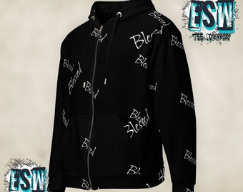 Black Paisley Zip up Fleece Lined Hoodie, Bandana Heavyweight Full