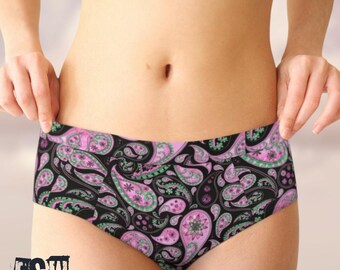 Black/Pink Paisley Women's Booty Shorts, Cheeky Briefs