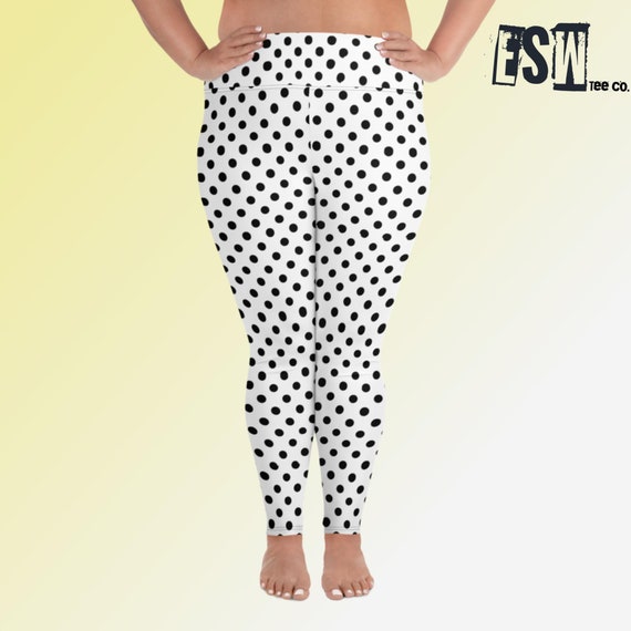 White And Black Polkadot Print Women's Plus Size Yoga/Gym Leggings,Women's Activewear