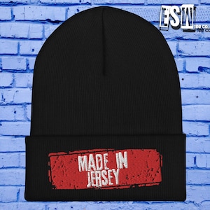 Made In Jersey Embroidered Fall, Winter Knitted Cuffed Beanie