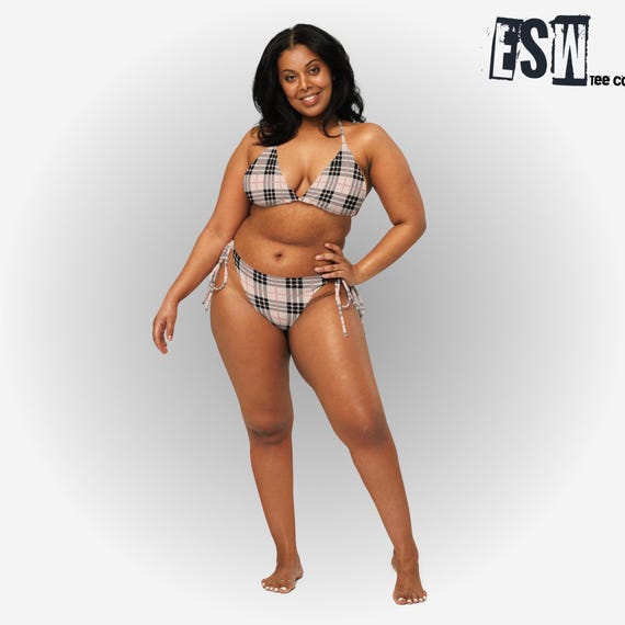 Pink Fuchsia Plaid Women's All-over print recycled string bikini, Women's Swimwear , Plus Size Women's Swimwear