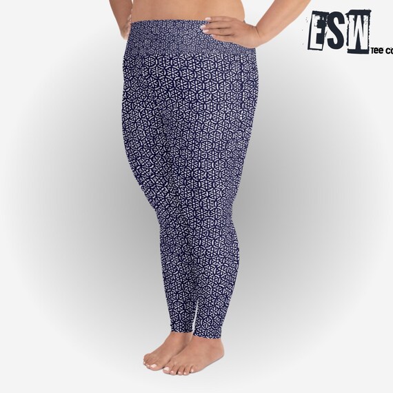 Blue Geo Pattern Print Women's Yoga/Gym Plus Size Leggings, Women's Activewear