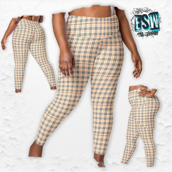 Tan And Brown Checkered Women's, Women's Plus Size Yoga Gym Leggings with pockets