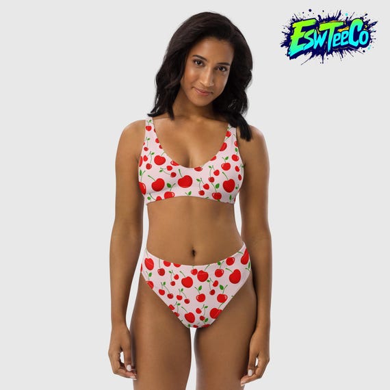Pink Cherries Graphic Print Women's Swimwear Recycled high-waisted bikini