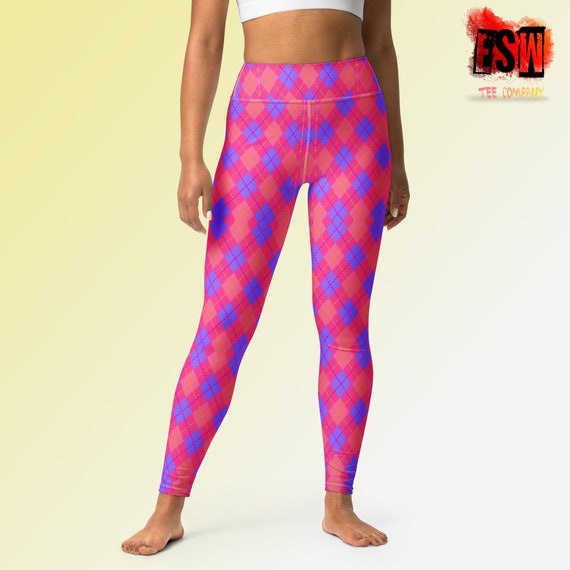Coral,Peach and Indigo Argyle print Women's Yoga Leggings, Women's Activewear