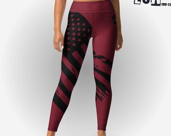 Schwarze amerikanische Flagge Kastanienbraun 92% Club Yoga / Gym Leggings für Damen, Damen Activewear
