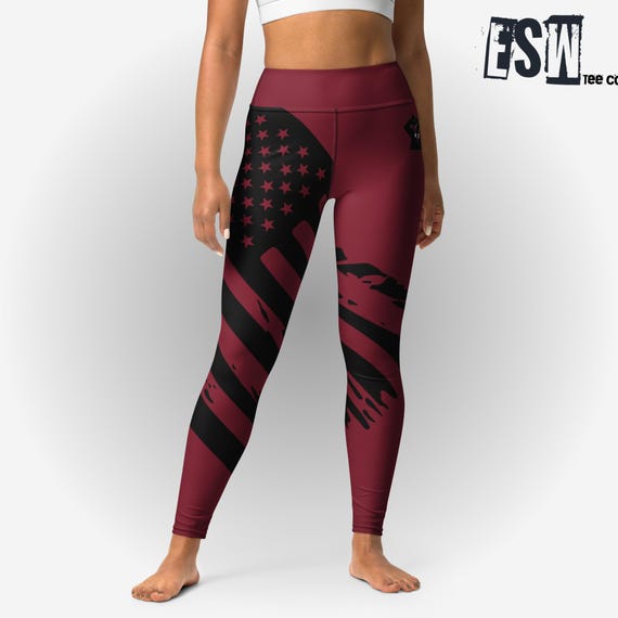 Black American Flag Maroon 92% Club Women's Yoga/Gym Leggings, Women's Activewear