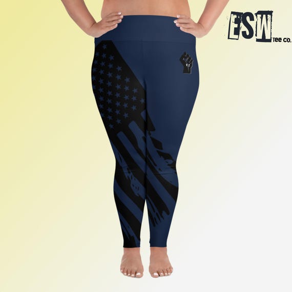 Black American Flag Navy 92% Club Women's Yoga/Gym Leggings, Women's Activewear, All-Over Print Plus Size Leggings