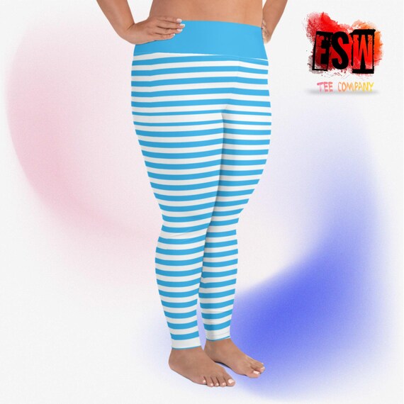 Light Blue Striped Print Women's Plus Size Leggings