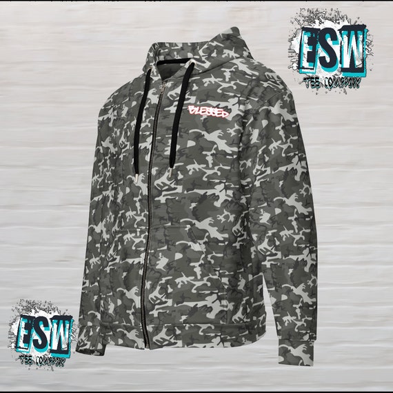 Grey camouflage Blessed Unisex, Men's, Women's zip hoodie