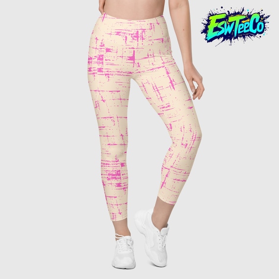 Cream and Pink Stripe Art Print Women's Yoga Leggings with pockets, Plus size leggings Women's Activewear