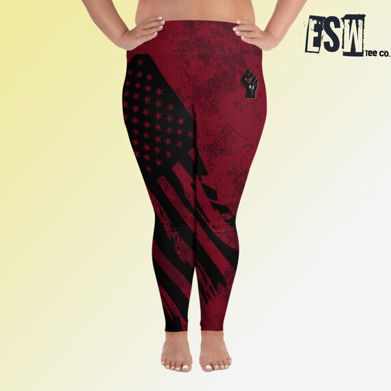Black American Flag Crimson 92% Club Women's Yoga/Gym Leggings, Women's Activewear, All-Over Print Plus Size Leggings