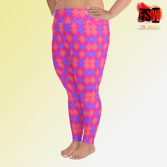 Coral,Peach Argyle Print Women's Plus Size Yoga Leggings, Women's Activewear