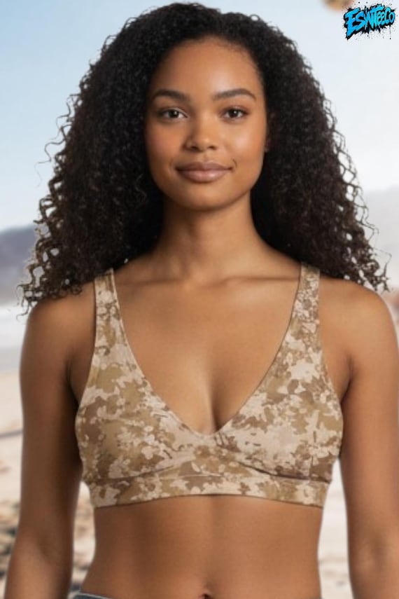 Tan and Brown Camouflage Women's Recycled padded bikini top
