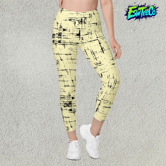 Yellow and Black Stripe Art Print Women's Yoga Leggings with pockets, Plus size leggings Women's Activewear