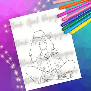 May include: Black and white line art illustration of a person wearing a hat and sitting with their legs crossed, reading a book.