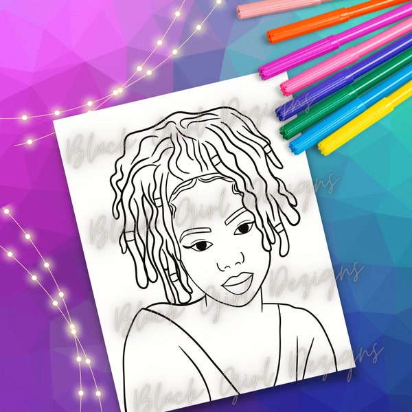 Paint and Sip PNG for Valentine's Day Canvas Image, Coloring Page of African American Girl with Locs, Option With and Without Loc Jewelry