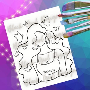 Self Love Butterfly Girl Paint and Sip PNG Immagine su tela, Teen Paint Party PNG, Pagina da colorare di Ragazza nera Affermazione di amore per se stessi SVG