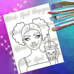 Kawaii Black Girl Paint e Sip PNG imagem em tela, para festa de pintura, página para colorir de garota afro-americana, pré-desenhado, SVG, ideia de kit de pintura