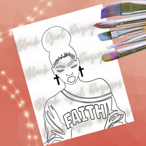 Mother Faith verf en nip png canvasafbeelding, ideaal voor Paint Party png, kleurplaat van African American Girl Faith Affirmation, SVG