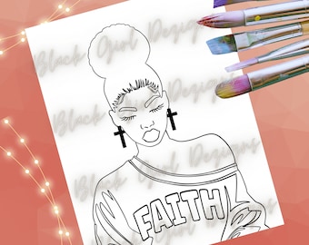 Faith Girl Coloring Page: Paint & Sip Canvas (PNG, SVG, PDF)