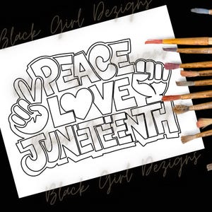Fiesta de pintura "Paz y Amor" de Juneteenth, imprimible, página para colorear de Juneteenth, imagen PNG en lienzo, ideal para kit de fiesta de pintura, SVG, predibujado