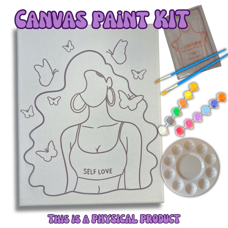 Canvas Paint Kit for kids, canvas paint kit for teens, canvas paint kit for adults. Kit comes with an 8x10 wrapped canvas, 2 paint brushes, 12 paint pods with different colors, a paint palette for mixing colors and a disposable apron.