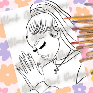 Praying Woman SVG: Afro Hair Coloring Page, Paint Party Canvas (PNG, PDF)
