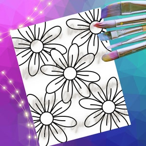 Paint and Sip SVG PNG Leinwandbild, Blumen, Retro, Teen Paint Party, Umriss, vorgezeichnete Umrisse für Paint and Sip Kit, Blumen, Oster-Idee
