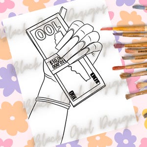 Immagine modello di vernice e sorso per unghie e denaro, predisegnata, pagina da colorare di affermazioni sul denaro, SVG, Paint Party Sublimation PNG,