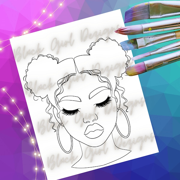 Girl with Hoop Earrings Paint and Sip PNG Canvas Image, Paint Party PNG, Coloring Page of Girl Self Love Affirmations, Procreate, Printable