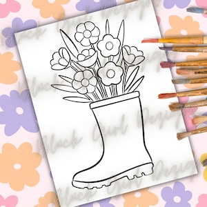 May include: Black and white line art of a bouquet of flowers in a rain boot. The flowers have rounded petals and are surrounded by leaves. The boot has a lug sole. The background is a floral pattern.